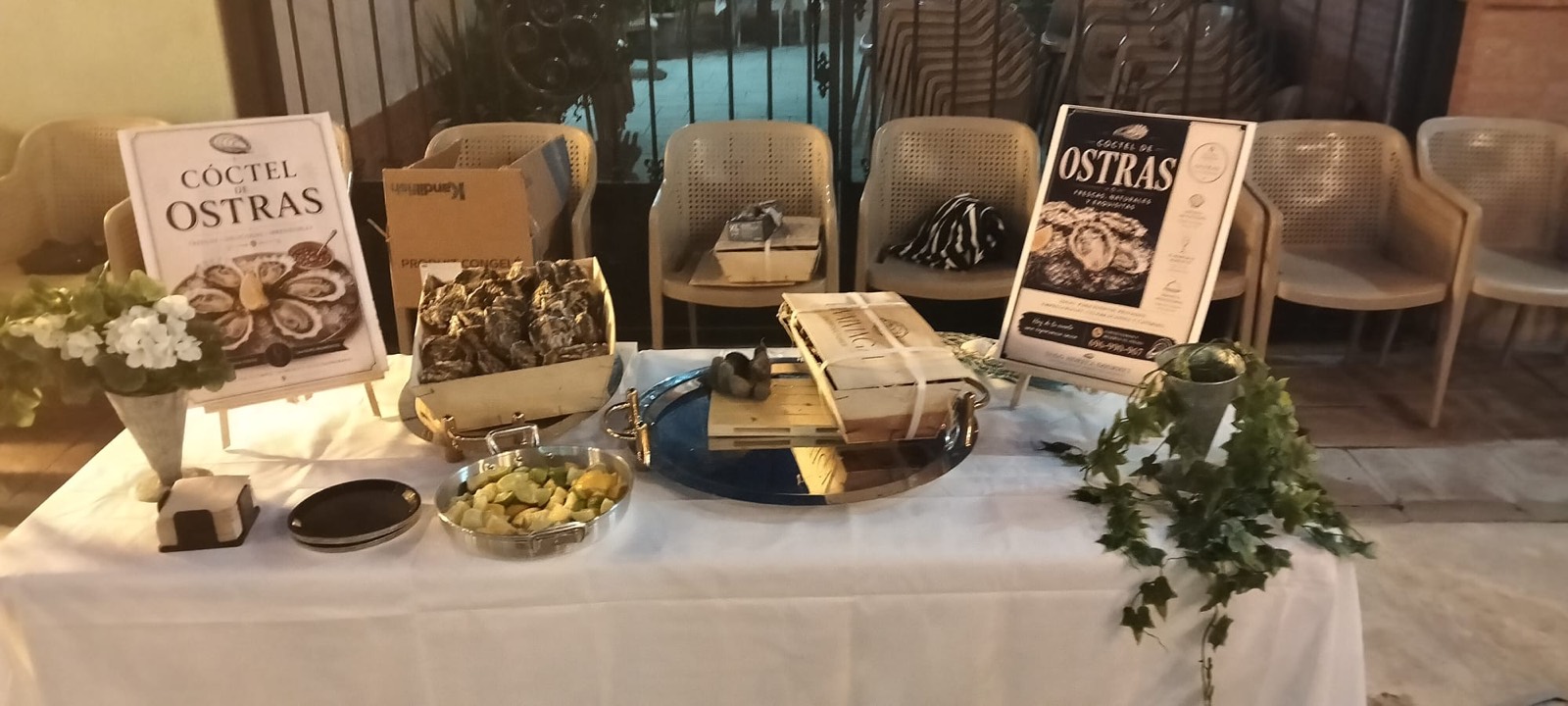 Barra de ostras montada en un evento nocturno