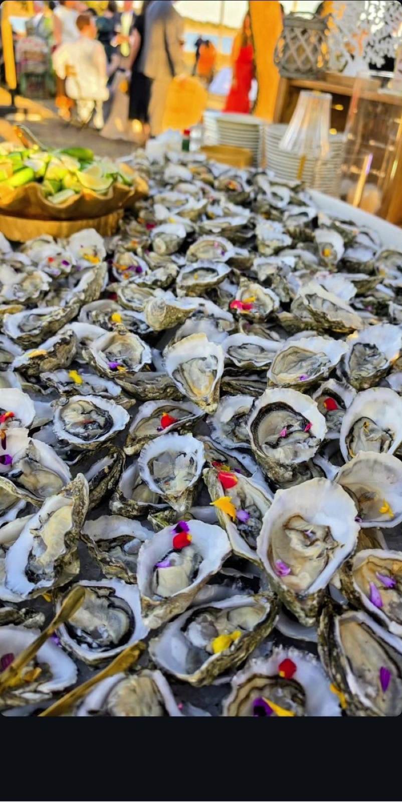 Bandeja de ostras frescas abiertas en un evento